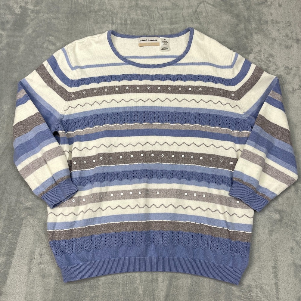 Alfred‎ Dunner Sweater Womens 2X Multi Striped Embellished Ribbed Hem Round Neck
